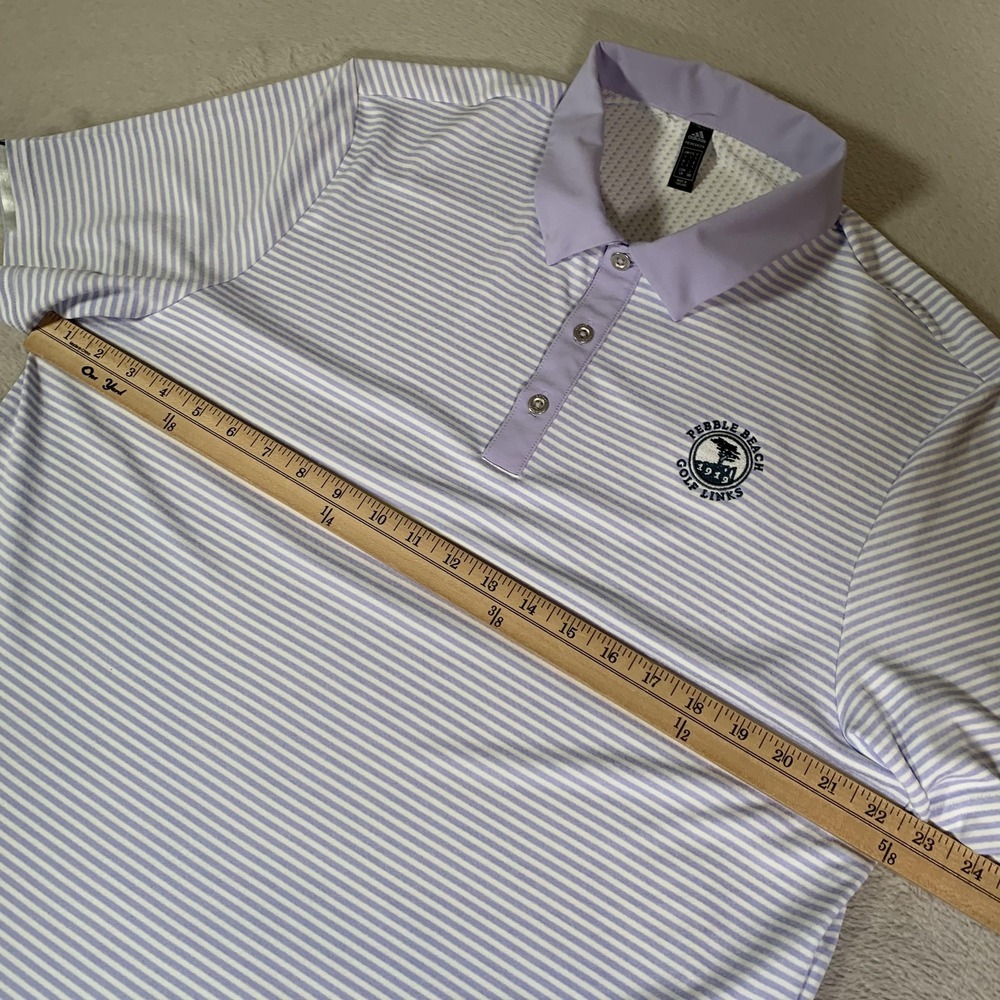 Adidas Polo Shirt Mens Large Purple Stripe Pebble Beach Golf HEAT RDY Primegreen - Picture 6 of 11